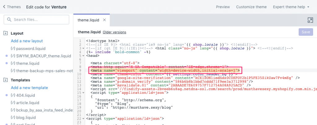 Viewport auf Shopify befindet sich unter der theme.liquid-Datei
